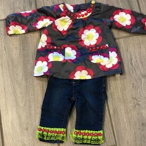 Colorful Floral Top and Denim Pants Set